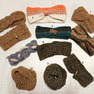 Various head/ear warmers, hats and scarf/ear warmer set.